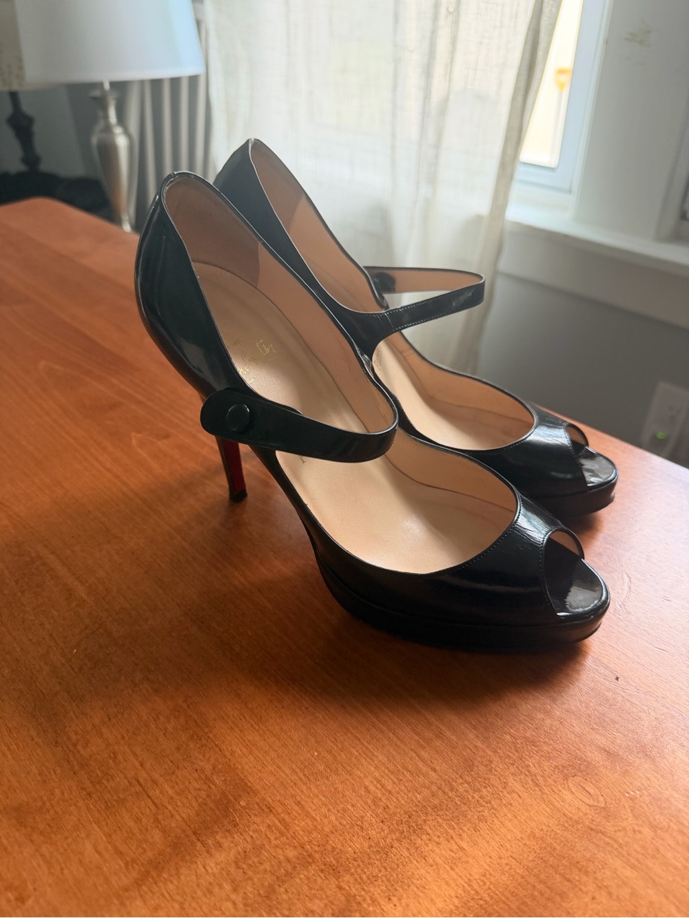 Christian Louboutin Black Patent Mary Jane Peep-Toe Heels with Red Soles